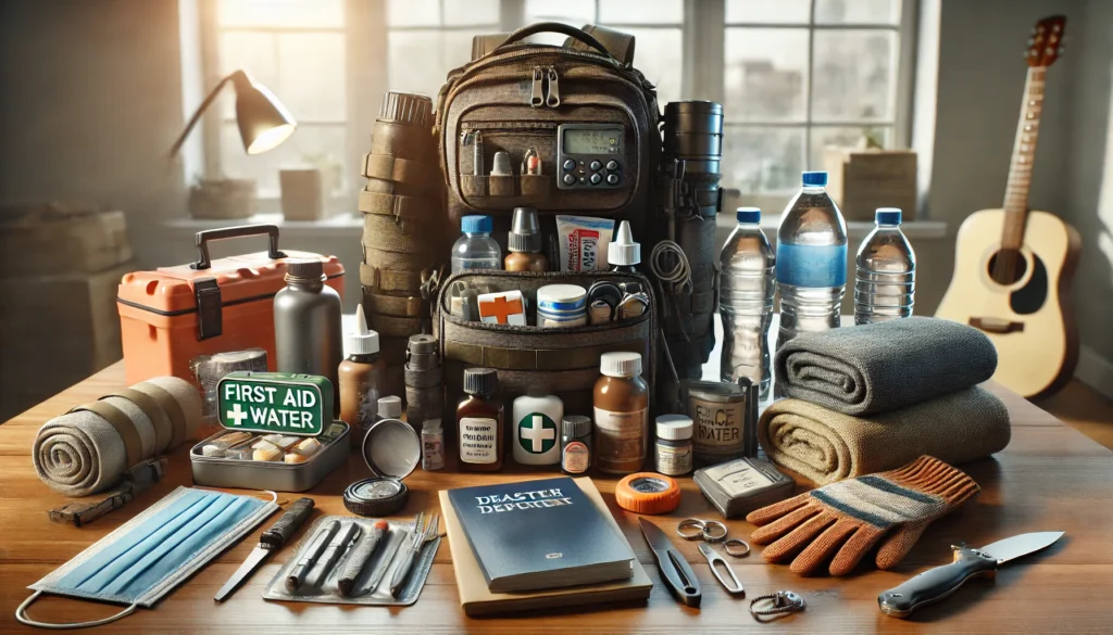A disaster preparedness kit filled with essential supplies like water, first aid supplies, and survival tools.