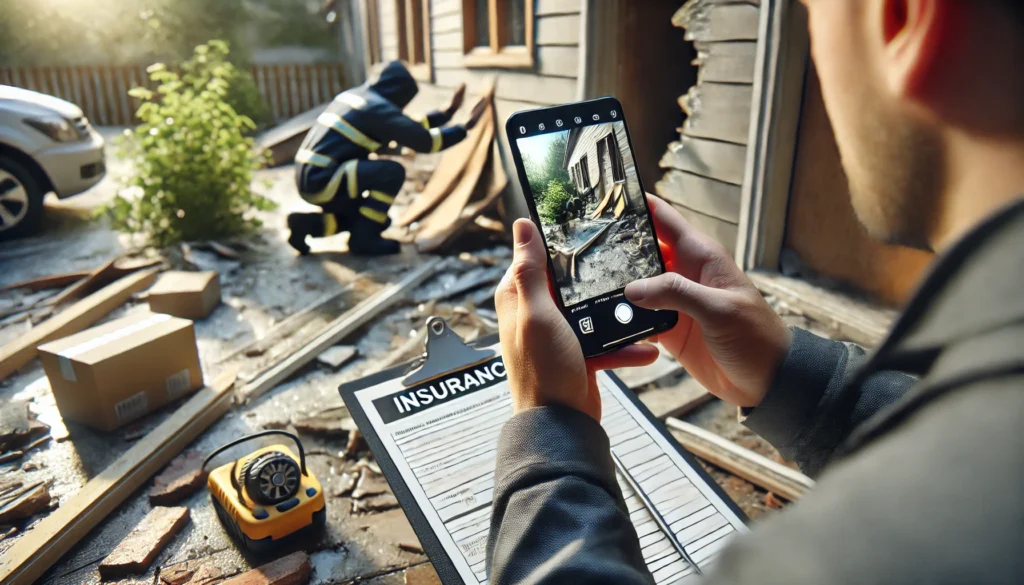 A person documents damage to a building using a smartphone, capturing photos of the wreckage. In the background, a firefighter inspects the debris. The person holds an insurance claim form, emphasizing the process of post-disaster recovery and documentation.