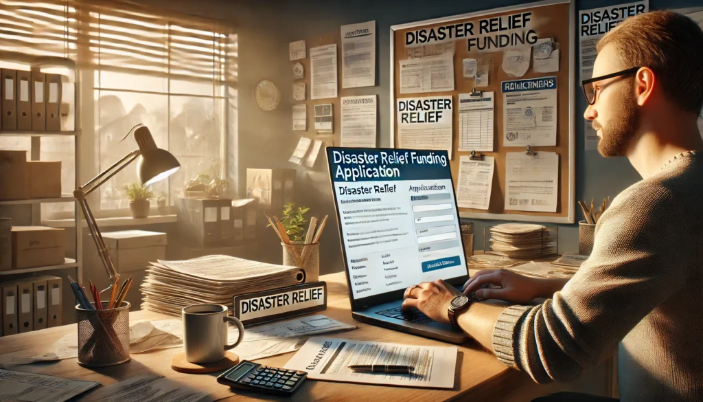 A person working at a desk in a well-lit home office, filling out a disaster relief funding application on a laptop. The desk is cluttered with papers, a coffee mug, and a calculator. Behind the person, a bulletin board is visible with various documents and notices related to disaster relief funding.