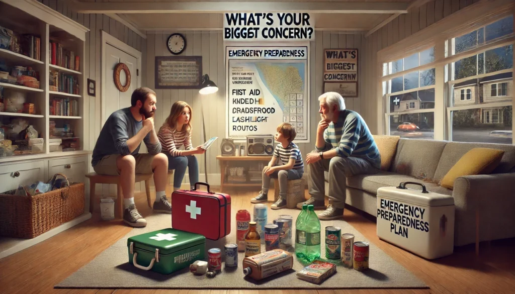 Here is an alt text for the image: A family gathers in a living room discussing disaster preparedness. A poster on the wall lists emergency concerns such as first aid, food, and routes. On the floor are emergency supplies, including first aid kits, canned food, water bottles, and a labeled 'Emergency Preparedness Plan' box. The scene emphasizes the importance of family communication and planning for emergencies.