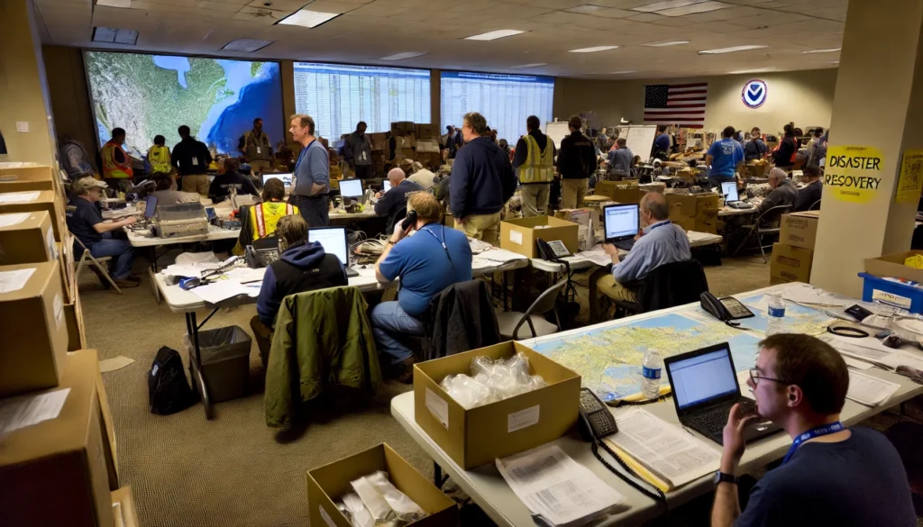A busy disaster recovery coordination center filled with volunteers and officials working on laptops, answering phones, and organizing supplies. Large maps, boxes of equipment, and documents fill the room, while a projection of a map is displayed on a screen at the front. The scene highlights the organized and collaborative effort in managing disaster recovery."