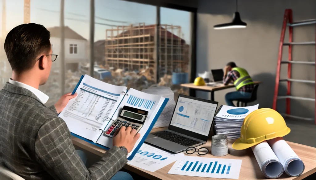"A busy disaster recovery center with multiple people working at desks using laptops and phones. Maps, documents, and boxes of supplies fill the room as teams coordinate efforts to manage the aftermath of an emergency. They are Managing Financial Recovery and Rebuilding the business.