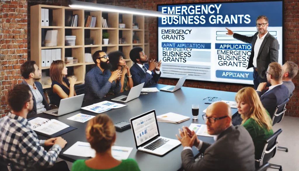 ble. Laptops, documents, and charts are spread across the table as they work on applying for emergency business grants. One person is pointing at a screen that displays a grant application form with the heading 'Emergency Business Grants.' The setting is professional, with a focused yet cooperative atmosphere. Shelves with books and plants decorate the background, adding a warm, modern touch to the room.
