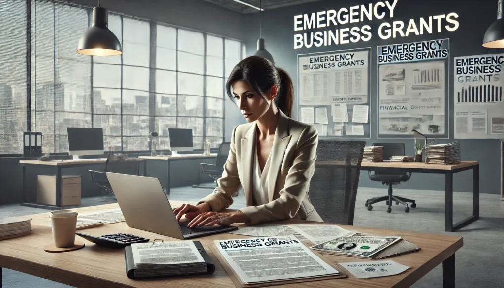 a focused middle-aged Hispanic woman in a modern office, working on a laptop with emergency business grant application forms displayed. The desk is cluttered with financial documents and a coffee cup, highlighting the intense nature of her task. Behind her, the office is furnished with shelves stocked with files and lit by natural light from large windows, overlooking a cityscape. The walls are adorned with posters and whiteboards detailing emergency business grants, creating a professional backdrop that emphasizes the theme of financial assistance for businesses in crisis.