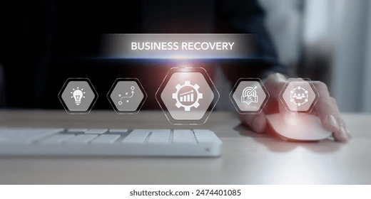 using a computer mouse with icons representing business recovery, innovation, and strategy, emphasizing the concept of innovative disaster recovery solutions.