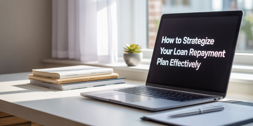 A laptop on a desk displays the words “How to Strategize Your Loan Repayment Plan Effectively,” symbolizing financial planning, debt management, and repayment strategies.